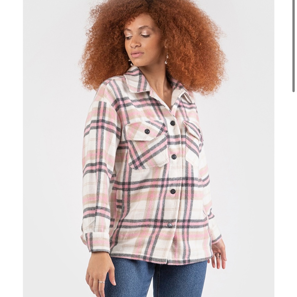 Black tape Button Front Plaid Overshirt in White/Pink XL shacket style l…